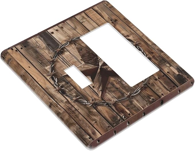 Light Switch Cover Rustic Star Western Cowboy Wood 2 Gang Toggle Rocker Combo Socket Cover Wall Plates Decorative Switch Plates and Outlet Covers for Farmhouse Home Decor