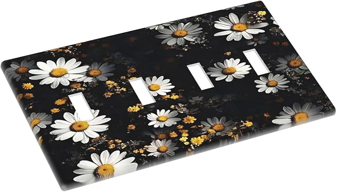 White Black Daisy Wildflower Modern Chrysanthemum Light Switch Covers Quad Toggle Electrical Faceplate 4 Gang Wall Plate Decorative Switch Plates Cover for Bedroom Farmhouse Decor