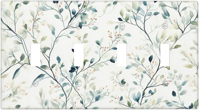 Watercolor Floral Green Leaves Quad Toggle Light Switch Cover Green Botanical Flowers 4 Gang Wall Plate Decorative Electrical Switchplates Covers for Bedroom Kitchen Living Room Decor