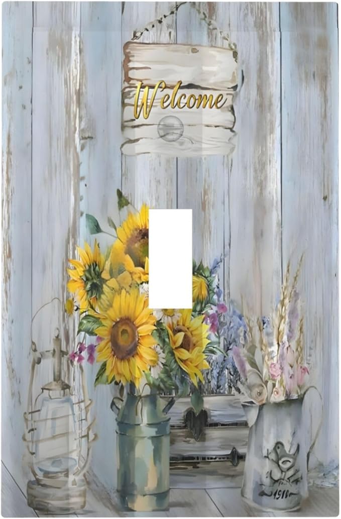 Rustic Sunflower Floral Vintage Wood Board Decorative Light Switch Cover 1 Gang Single Toggle Device Electrical Faceplate Switchplates Decorator Outlet Wall Plate for Farmhouse Home Decor