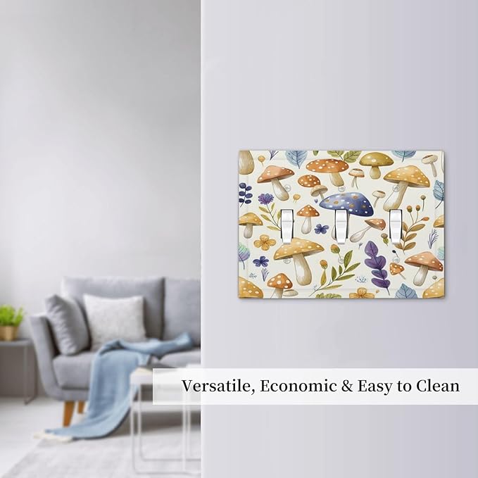 Boho Watercolor Mushroom Flowers Leaf Colorful Floral Decorative Switch Plates 3 Gang Wall Plate Triple Toggle Light Switch Cover Faceplate Electrical Wall Panels for Kids Room Nursery Decor