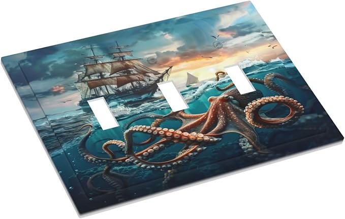 Light Switch Cover Plate Sailboat Ship Octopus Ocean Sea Waves 3 Gang Triple Toggle Decorative Switch Plates Wall Plates Electrical Switchplate Faceplate for Bathroom Bedroom Decor
