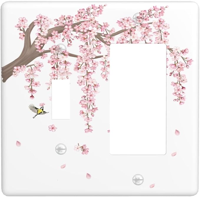 Pink Flower Tree Branch Cherry Blossom Tree Floral Birds Outlet Covers 1 Toggle 1 Rocker Combination Decorative Wall Plate Electrical Switch Plates Light Switch Cover Plate for Bedroom Living Room
