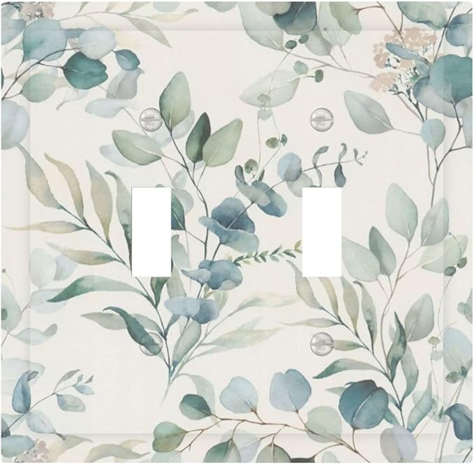 Boho Green White Eucalyptus Leaf Floral Decorative Switch Plates 2 Gang Double Toggle Outlet Light Switch Cover Wall Plate Electrical Faceplate for Farmhouse Living Room Decor