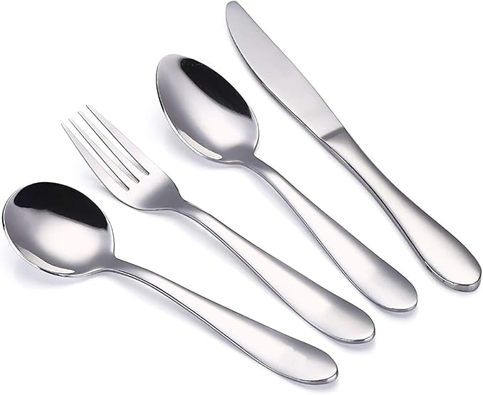 VANRA 4-Piece Children Flatware Set 18/10 Stainless Steel Child Set Tableware Set Silver Cutlery Set Silverware Dinner Utensils for Kids Toddlers (Chrome Finished) (1 Fork + 2 Spoons + 1 Knife)