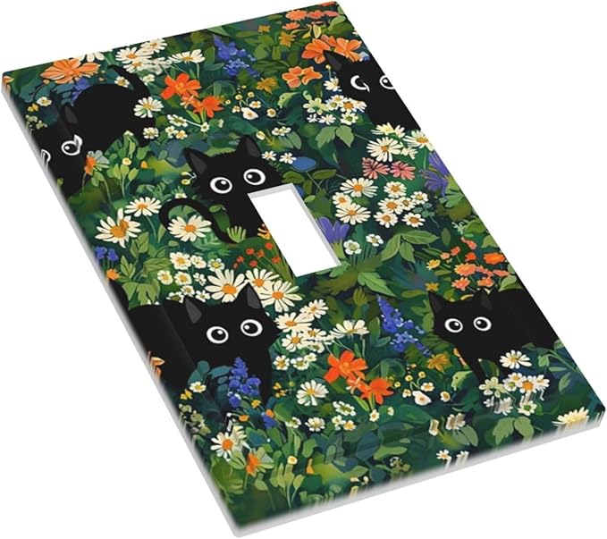 Boho Cute Black Cats Decorative Light Switch Cover 1-Gang Cartoon Kids Girl Green Floral Flowers Aesthetic Animal Single Toggle Wall Plate Electrical Device Outlet Switch Faceplate Cover Jumbo Size