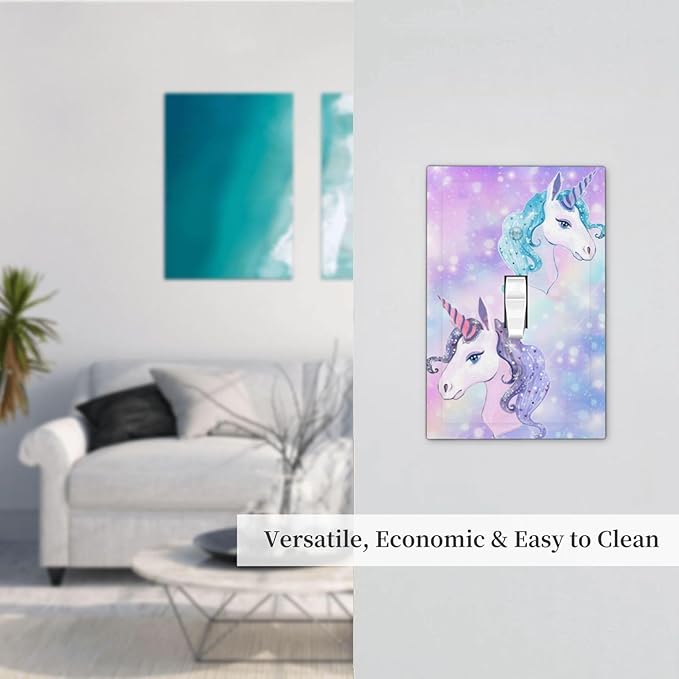 Colorful Purple/Blue Rainbow Unicorn Decorative Light Switch Cover 1-Gang Cute Kid Girl Girly Fantasy Kawaii Stars Single Toggle Wall Plate Electrical Device Outlet Switch Faceplate Cover Jumbo Size