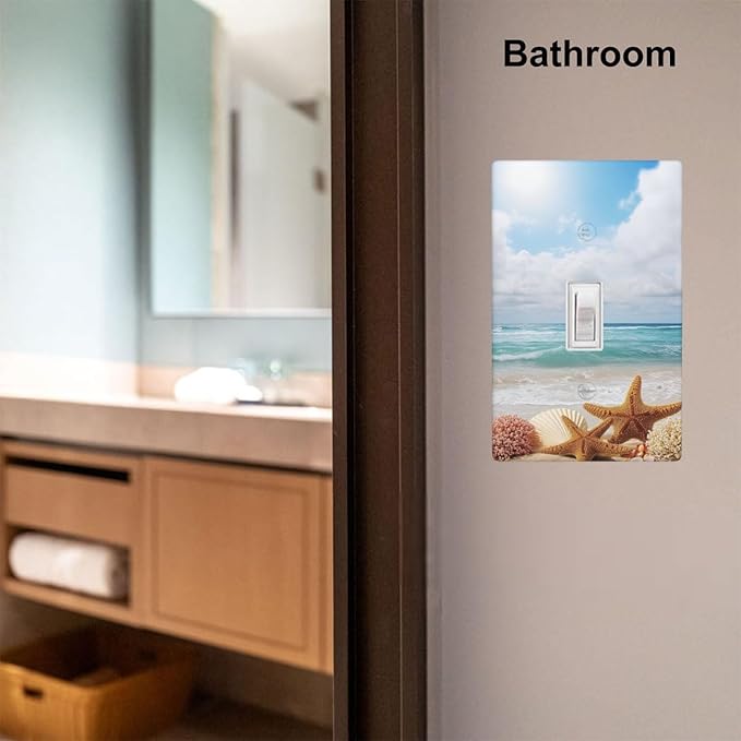 Ocean Beach Starfish Clouds 1-Gang Toggle Light Switch Plate, Coastal Wall Plate for Bathroom, Bedroom, Beach House & Sunroom