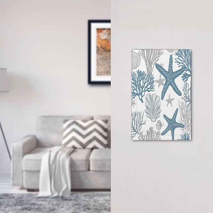 Blue Starfish Nautical Beach Conch Coastal Coral Shell Light Switch Cover Plate 1 Gang No Device Blank Electrical Wall Plates Faceplate Decorative Switch Plate For Kids Room Bathroom Decor