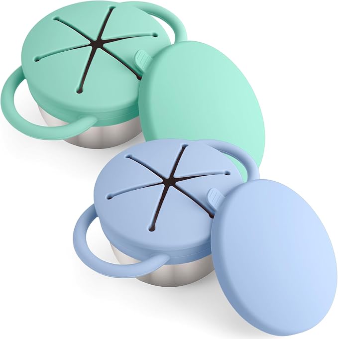 Mity rain Stainless Steel Snack Containers for Toddlers with Spill-Proof Silicone Lids Handles - 3-in-1 Baby Snack Cups, No-Spill Toddler Snack Box (Blue+Green, Two piece set)