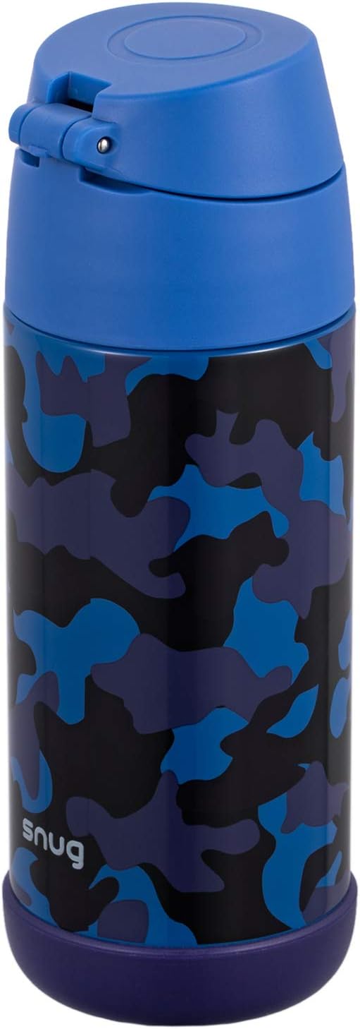 Snug Insulated Kids Water Bottle with Straw & Spout – Double-Wall Stainless Steel, Leakproof, Easy-Flip Lid – For School, Travel, Toddlers & Big Kids - Blue Camo, 12oz