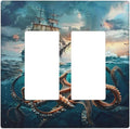 Light Switch Cover Plate Sailboat Ship Octopus Ocean Sea Waves 2 Gang Double Rocker Outlet Covers Decorative Switch plates Electrical Wall Plates GFCI Receptacle for Bathroom Bedroom Decor