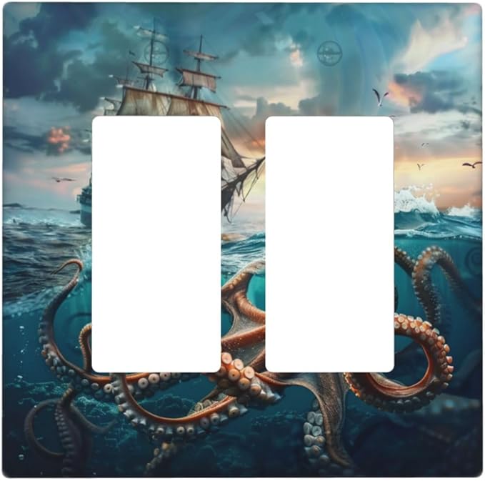 Light Switch Cover Plate Sailboat Ship Octopus Ocean Sea Waves 2 Gang Double Rocker Outlet Covers Decorative Switch plates Electrical Wall Plates GFCI Receptacle for Bathroom Bedroom Decor