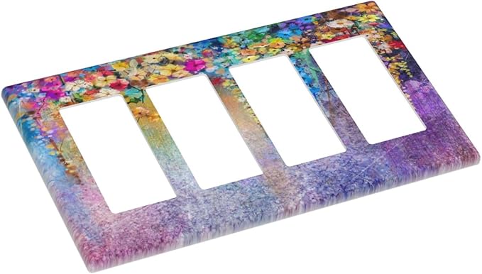 Colorful Floral Watercolor Flower 4 Gang Rocker Decora Light Switch Cover Purple Decorative Outlet Covers Wall Plate Electrical Faceplate Switchplate GFCI for Farmhouse Bedroom Living Room Decor