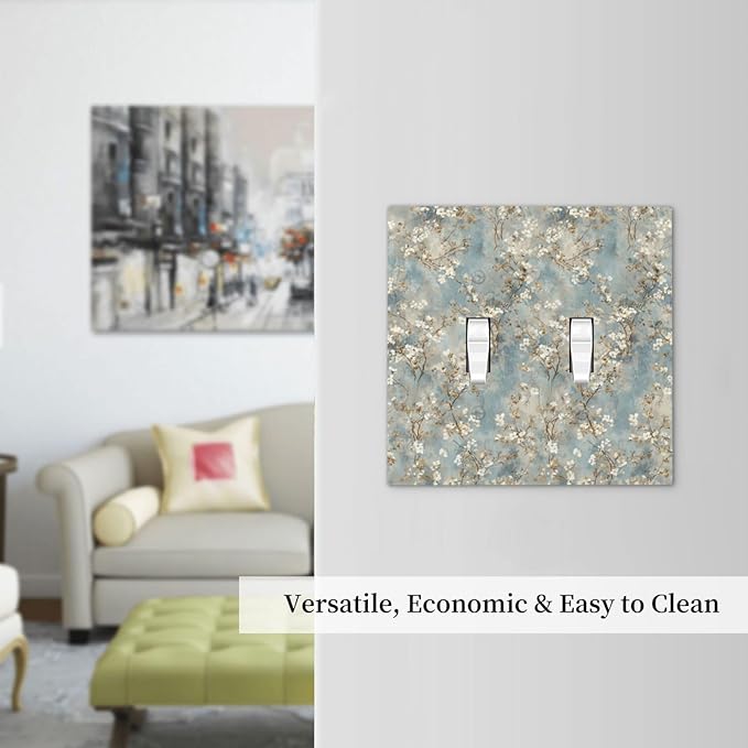 Decorative Light Switch Cover Plate Rustic Blue White Plum Blossom Flower 2 Gang Outlet Covers Double Toggle Wall Plates for Electrical Switch Plate Covers Faceplate for Bedroom Decor
