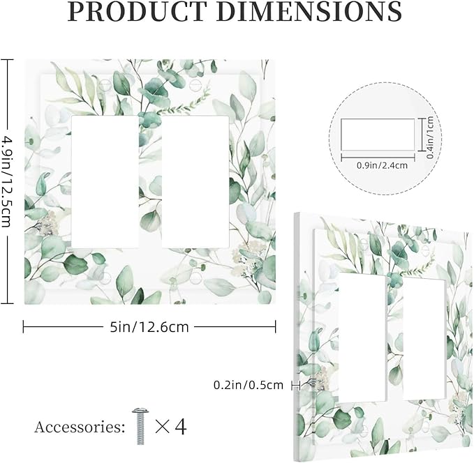 Boho Green Eucalyptus Leaf Floral Plants Flowers Decorative Outlet Covers 2 Gang Double GFCI Rocker Electrical Wall Panels Light Switch Cover Plate for Bed Room Living Room Decor