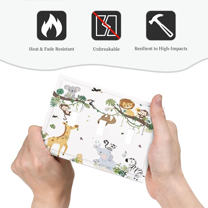 Jungle Animals Tree Branch Monkey Giraffe Lion Elephant Decorative Switch Plates 3 Gang Wall Plate Triple Toggle Light Switch Cover Faceplate Electrical Wall Panels for Kids Room Nursery Decor