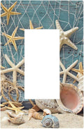 Nautical Beach Starfish Coral Conch Seashell Theme 1 Gang Rocker/Decorator GFCI Outlet Light Switch Wall Plate Cover Single Device Faceplate Turquoise Teal Wood Plank Board Decorative Switchplate