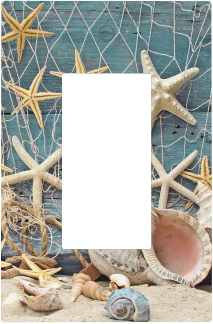 Nautical Beach Starfish Coral Conch Seashell Theme 1 Gang Rocker/Decorator GFCI Outlet Light Switch Wall Plate Cover Single Device Faceplate Turquoise Teal Wood Plank Board Decorative Switchplate