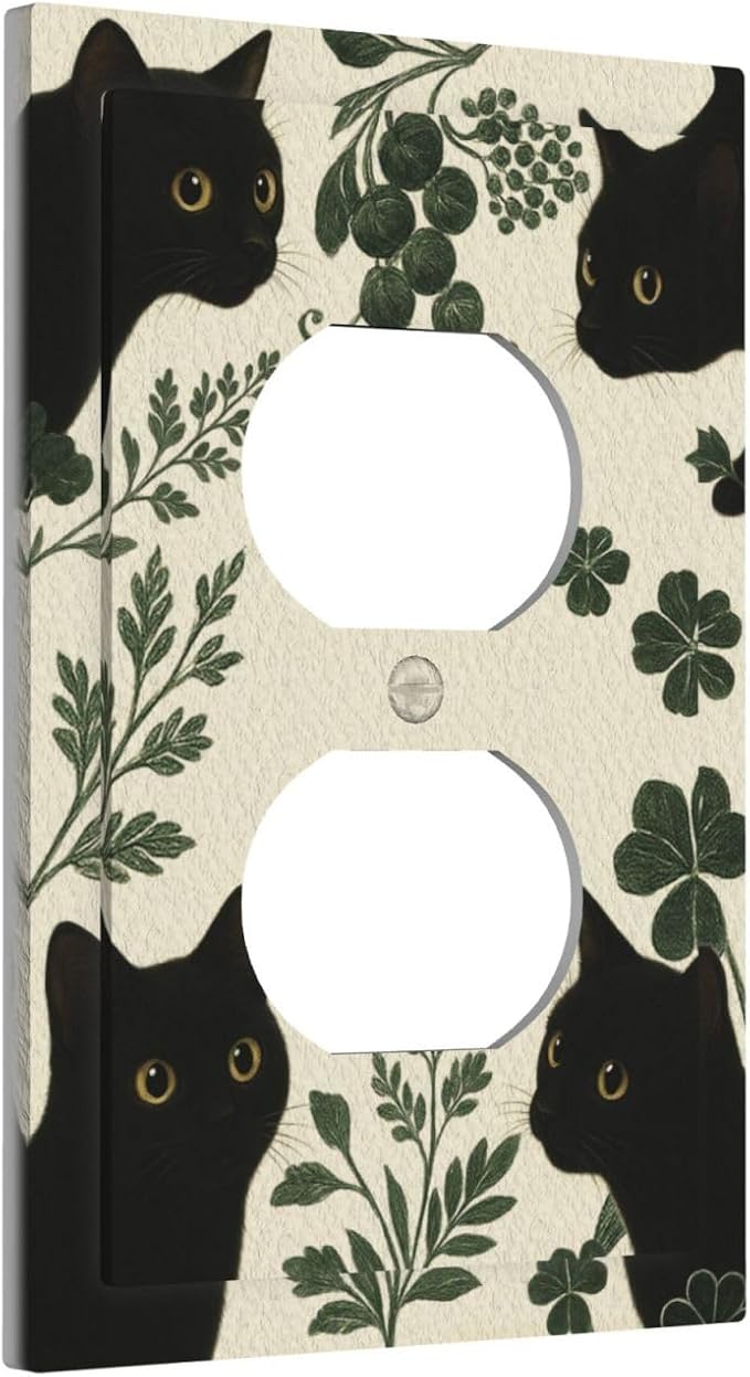Decorative Outlet Covers Funny Black Cat Green Leaf 1 Gang Duplex Light Switch Cover Plate Unique Wall Plates for Electrical Outlets Switch Plate Covers for Bedroom Home Decor