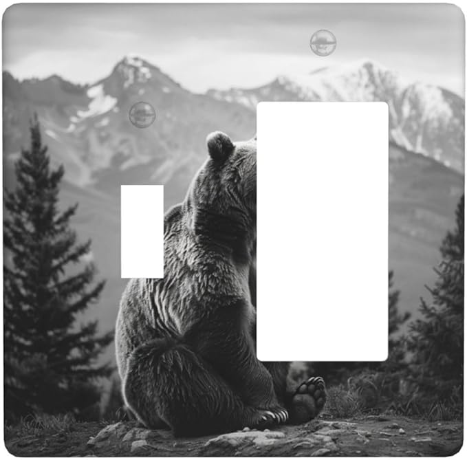 Light Switch Cover Plate Black White Bear Mountain Pine Trees Wilderness 2 Gang Combo Wall Plates Toggle Rocker Decorative Switch Plates and Outlet Covers for Bathroom Bedroom Decor