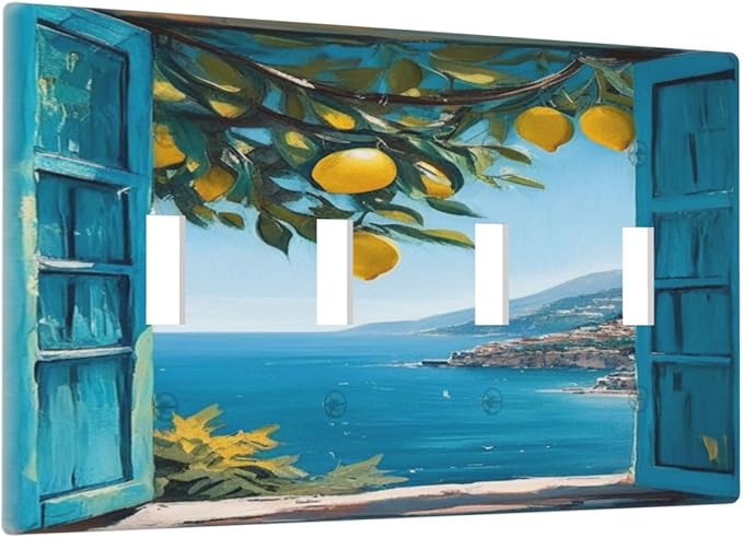 Decorative Art Light Switch Covers Seaside Window with Lemons Quad Toggle 4 Gang Wall Plate Switch plate Electrical Faceplate for Home Decor