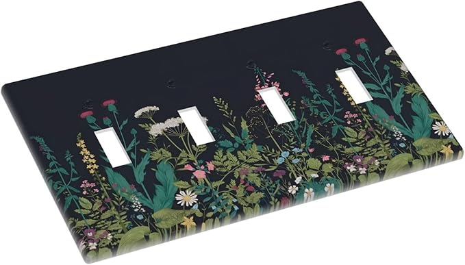 Boho Garden Flowers Weeds Floral Wildflowers Light Switch Covers Quad Toggle Electrical Faceplate 4 Gang Wall Plate Decorative Switch Plates Cover for Bedroom Living Room Decor