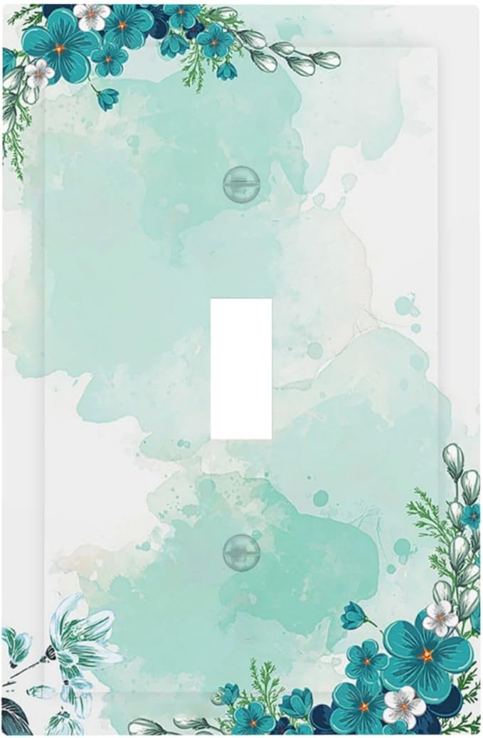 Decorative Light Switch Cover Blue Green Flowers Light Green Watercolor Patterns 1 Gang Single Toggle Decorator Outlet Wall Plate Device Electrical Faceplate Switchplates for Bedroom Home