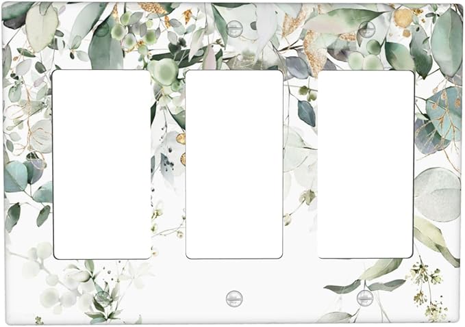 Green Leaves Watercolor Triple Gang Rocker Decorative Light Switch Cover, 3-Gang Wall Plate Outlet Cover