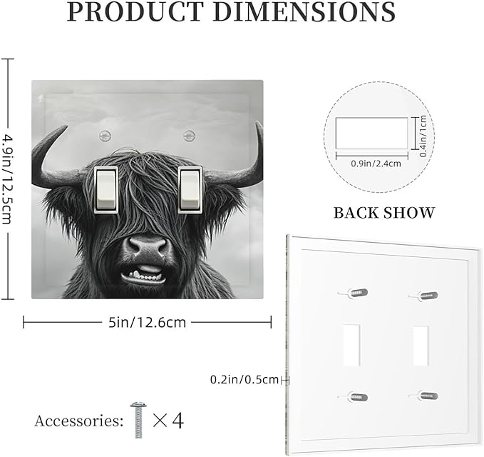 Highland Cow Black & White Portrait Double Toggle Switch Cover - 2-Gang Standard US Size Playful Farm Animal Light Switch Covers for Living Room Decor