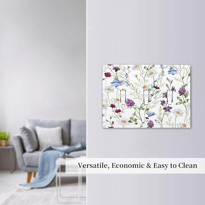 Floral Boho Multicolor Flower Plant Leaves Decorative Switch Plates 3 Gang Wall Plate Triple Toggle Light Switch Cover Faceplate Electrical Wall Panels for Bedroom Living Room Decor