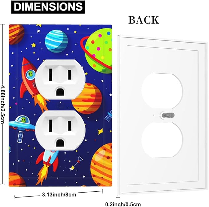 Planets, Rockets & Aliens Duplex Wall Plate - 1-Gang Standard US Size Astronaut Cosmic Adventure Outlet Covers for Boy's Bedroom Decor