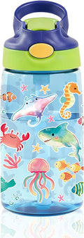 14oz Cute Marine life Kids Water Bottle with Straw Lid - Cartoon Water Bottles for Kids, Leakproof, Lightweight, Durable Plastic Bottles for School, Pop-Up Straw Cover, Gift Cup for Girls Boys(Sea)