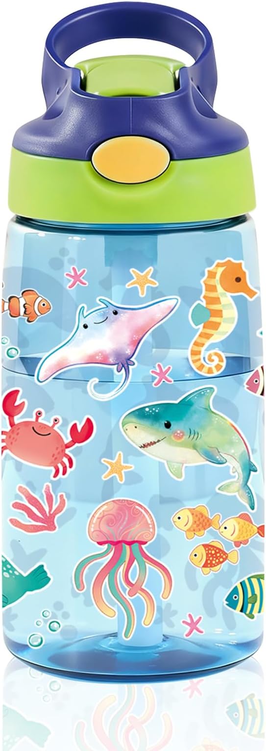 14oz Cute Marine life Kids Water Bottle with Straw Lid - Cartoon Water Bottles for Kids, Leakproof, Lightweight, Durable Plastic Bottles for School, Pop-Up Straw Cover, Gift Cup for Girls Boys(Sea)