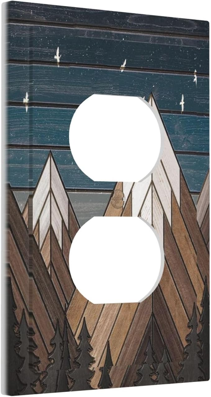 Rustic Geometric Mountain Wilderness Wood 1 Gang Wall Plate Single Duplex Outlet Cover Receptacle Decorative Light Switch Cover Plate Electrical Faceplate Socket for Bedroom Bathroom Kitchen Decor