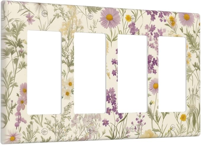 Watercolor Floral Leaves 4 Gang Light Switch Cover Plate Small Purple Flowers Daisies Quad Rocker Outlet Covers Switchplates Decorative Electrical Faceplate for Bedroom Kitchen Living Room Decor