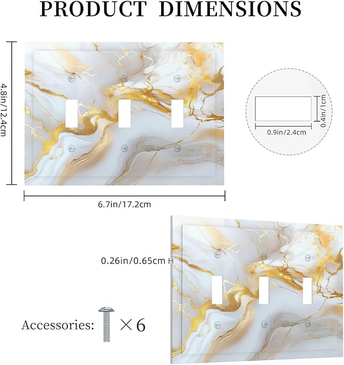 Decorative Switch Plate Cover Abstract Gold Marble Design with White & Gold 3 Gang Artistic Wall Plate Unique Triple Toggle Light Switch Covers for Modern Luxurious Decor