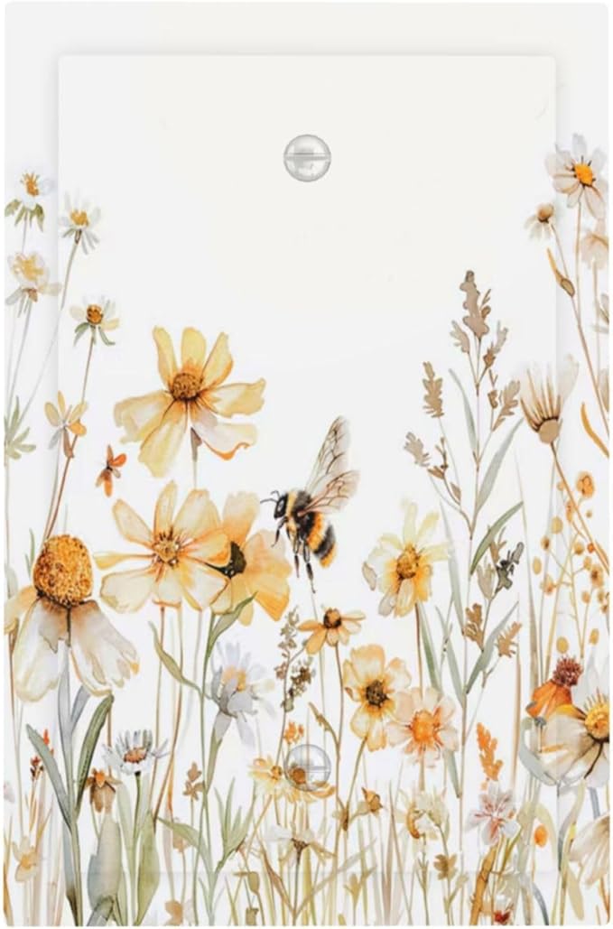 Yellow White Daisy Floral Bee Wild Flower Light Switch Cover Plate 1 Gang No Device Blank Electrical Wall Plates Faceplate Decorative Switch Plate Covers for Bedroom Living Room Decor