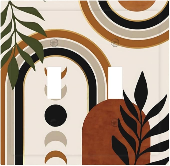 Boho Mid Century Arch Plant Leaves Sun Moon Decorative Switch Plates 2 Gang Double Toggle Outlet Light Switch Cover Wall Plate Electrical Faceplate for Bedroom Living Room Decor