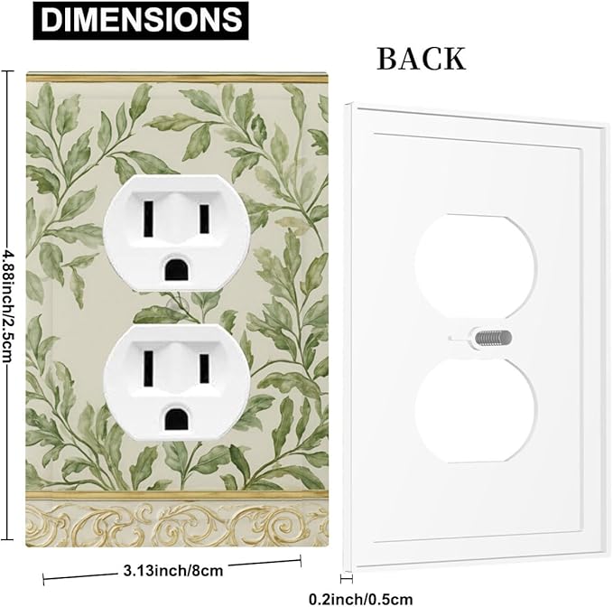Soft Green Botanical Scroll Duplex Wall Plate - 1-Gang Standard US Size Regency Style Leafy Vine Design Outlet Covers for Bedroom Living Room Decor