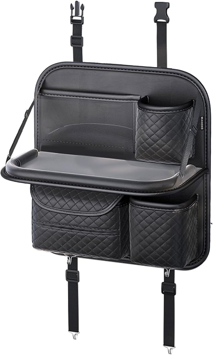 PU Leather Backseat Car Organizer with Tray, Cup Holder, Tablet Pocket & Tissue Holder, Back Seat Car Organizer for Kids and Women, Universal Car Seat Storage Organizer (Black)