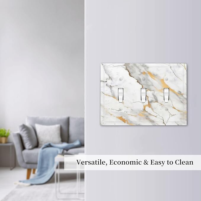 Decorative Switch Plates Marbling Style White Background Gold Gray Stripes 3 Gang Wall Plate Triple Toggle Light Switch Cover Faceplate Electrical Wall Panels For Bathroom Kitchen Decor