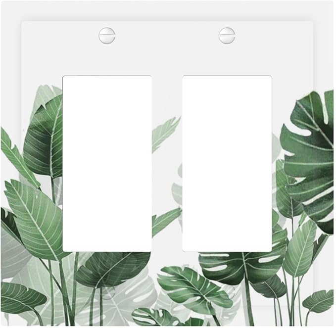 Decorative Outlet Covers Boho Tropical Plant Natural Palm Leaf 2 Gang Double Gfci Rocker Electrical Wall Panels Light Switch Cover Plate For Bed Room Living Room Decor
