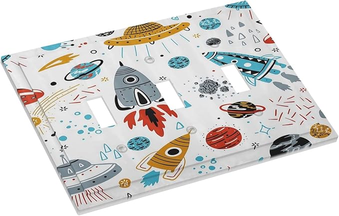 Cartoon Space Rocket Boys Universe Planet 3 Gang Light Switch Covers Decorative Unique Triple Toggle Wall Plate Electrical Faceplate Switchplate for Nursery Kidroom Bedroom Home Decor