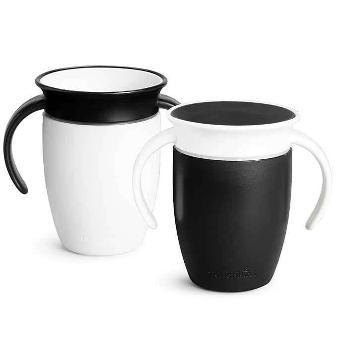 Munchkin Sippy Cup for 6 Month Old and Up, Spill Proof Miracle 360 Toddler Cups with Transition Handles, 7 Ounce, 2 Pack, Black/White
