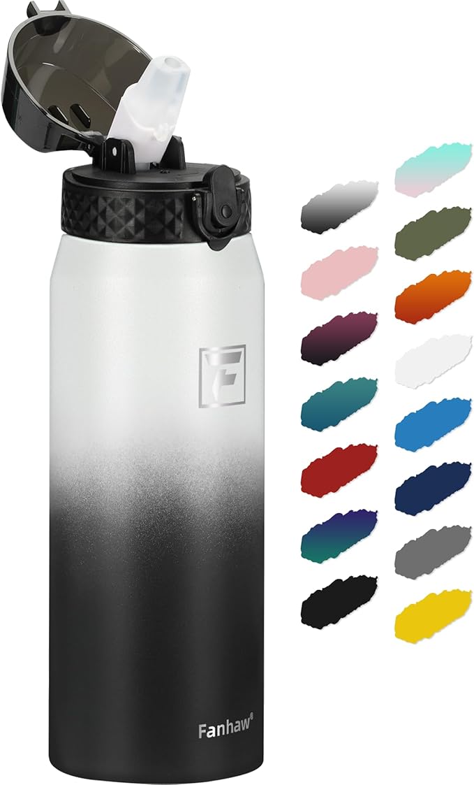 Fanhaw 24 oz Insulated Stainless Steel Water Bottle with Straw Lid, Leakproof & Anti-Dust Sports Bottle for Kids, Women & Men (White Black)