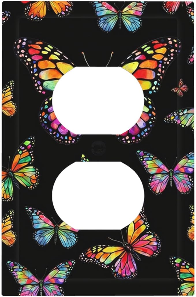 Vibrant Rainbow Butterflies on Black Duplex Wall Plate - 1-Gang Standard US Size Enchanted Garden Escape Outlet Covers for Bedroom Decor