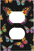 Vibrant Rainbow Butterflies on Black Duplex Wall Plate - 1-Gang Standard US Size Enchanted Garden Escape Outlet Covers for Bedroom Decor