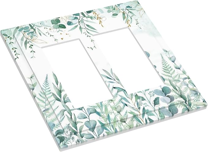 Boho Green Eucalyptus Leaf Floral Sage Flower Decorative Outlet Covers 2 Gang Double GFCI Rocker Electrical Wall Panels Light Switch Cover Plate for Bedroom Living Room Decor