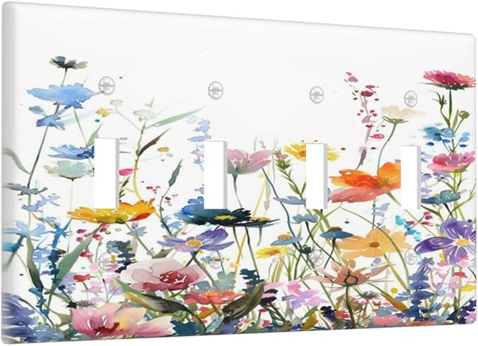 Watercolor Wildflowers Colorful Floral Plant Light Switch Covers Quad Toggle Electrical Faceplate 4 Gang Wall Plate Decorative Switch Plates Cover for Bedroom Living Room Decor